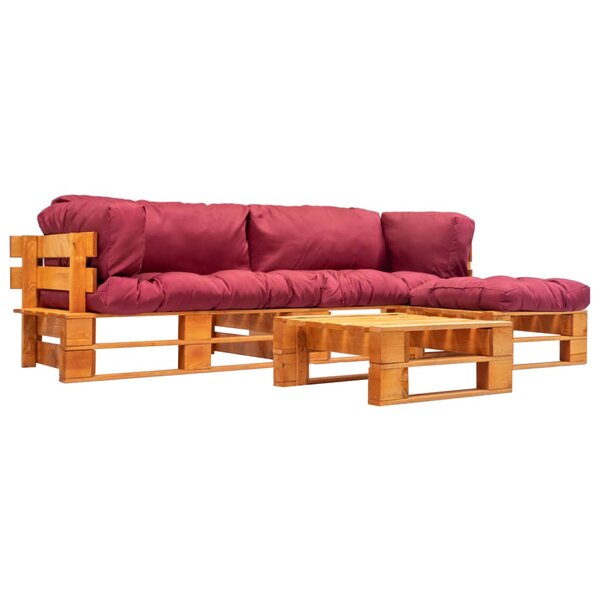 vidaXL Salon de jardin palette 4 Pièces avec coussins rouge bois