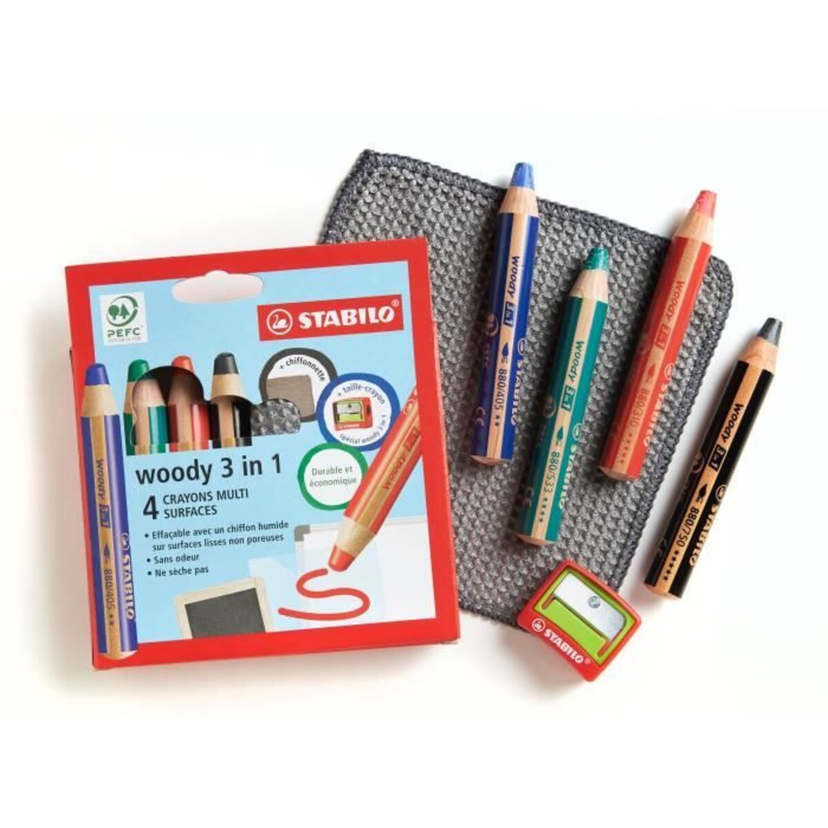 Etui carton x 4 crayons multi-talents stabilo woody 3in1 pour ardoises et  tableaux blanc + 1 taille crayon + 1 chiffonnette - noir + - La Poste