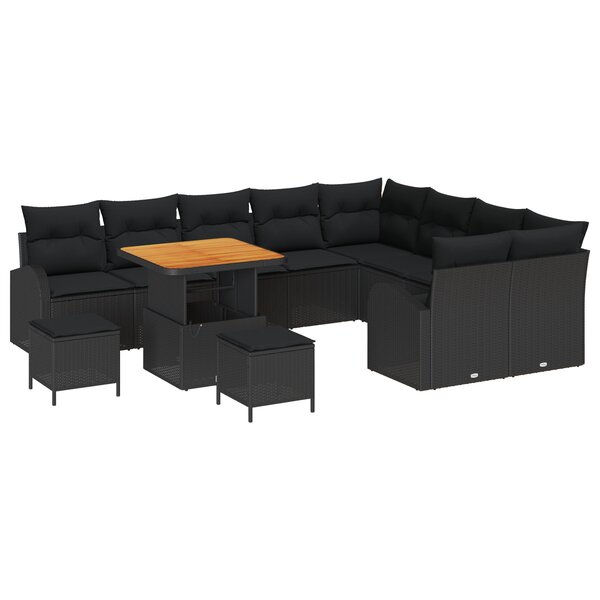 Ensemble de Canapés de Jardin de 12 pièces avec Coussins Noir Poly Rattan Acacia