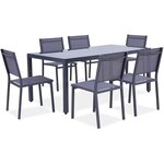 Ensemble repas de jardin 6 personnes Aluminium - Table avec plateau en verre 180 x 90 cm + 6 chaises et assise textilene -  Gris