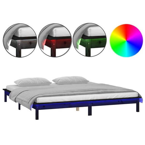 vidaXL Cadre de lit à LED sans matelas noir 200x200 cm bois massif