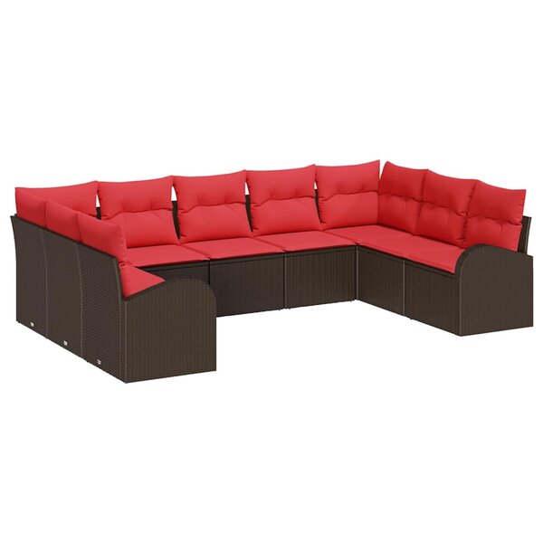 vidaXL Ensemble de canapé de jardin avec coussin 9 Pièces Marron et rouge