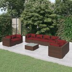 vidaXL Salon de jardin 9 Pièces avec coussins Résine tressée Marron