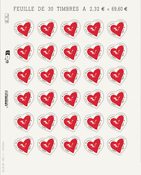 Feuille 30 timbres Coeur - agnès b. - 100g - Lettre verte