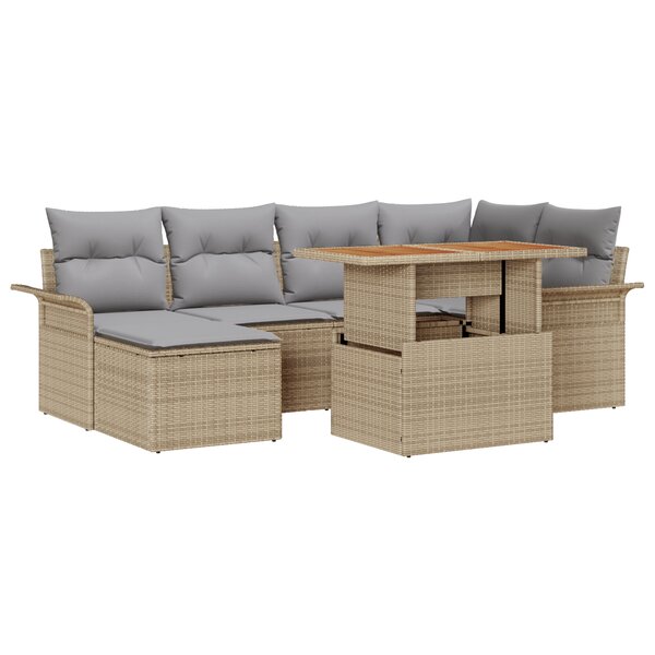vidaXL Ensemble de jardin 7 pièces avec des coussins beiges en poly rotin et en acacia