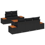 Ensemble de Canapé de Jardin 6 Pièces avec Coussins Noir Poly Rattan Acacia