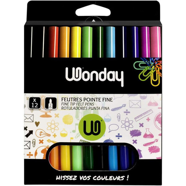 Feutres - Coloriage - Pointe fine - 12 couleurs - A base d'eau - Enfant - Scolaire - Wonday
