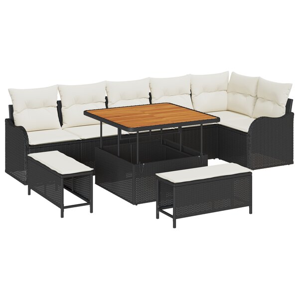 vidaXL Canapé de jardin 9 pièces avec coussins en polyrotin noir et acacia