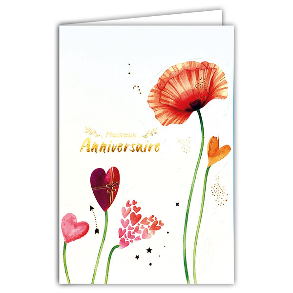69-3103 Carte Anniversaire pour Fille Femme Joli Coquelicot Rouge Fleur Champêtre Cœurs Cadeau - Finitions Dorure Or Doré + Gaufrage en Relief +1 Enveloppe Format 12x17cm - Fabriqué en Europe
