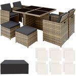 Tectake Salon de jardin MANHATTAN 8 places avec 2 sets de housses + housse de protection, variante 2 - marron naturel