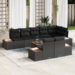 vidaXL Ensemble de canapé de jardin 9 pièces avec coussins - Rattan poly noir et acacia