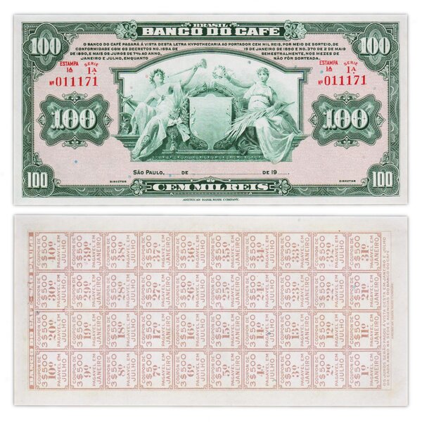 Billet de Collection 100000 reis 1890 (1929) Brésil - Neuf - PS541 - banco do café 100 mil