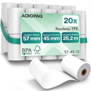 ACROPAQ 20 Rouleaux de Caisse 57x 45x8mm- Thermique 26 2 m- Terminaux de paiement- 20 Bobines TPE- Sans BPA- Dimension Universelle