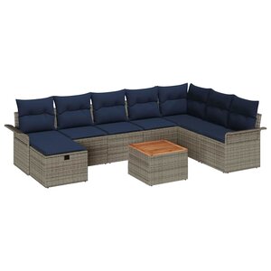 vidaXL Ensemble de canapé de jardin avec coussin 9 Pièces Gris Poly rotin