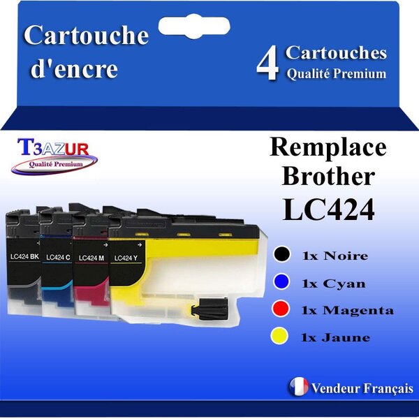 T3AZUR - Lot de 4 Cartouches compatibles Brother LC424 XL pour Brother DCP-J1200  DCP-J1200DW  DCP-J1200W  DCP-J1200WE