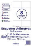 200 planches a4 - 8 étiquettes 105 mm x 74,25 mm autocollantes blanche par planche pour tous types imprimantes - jet d'encre/laser/photocopieuse