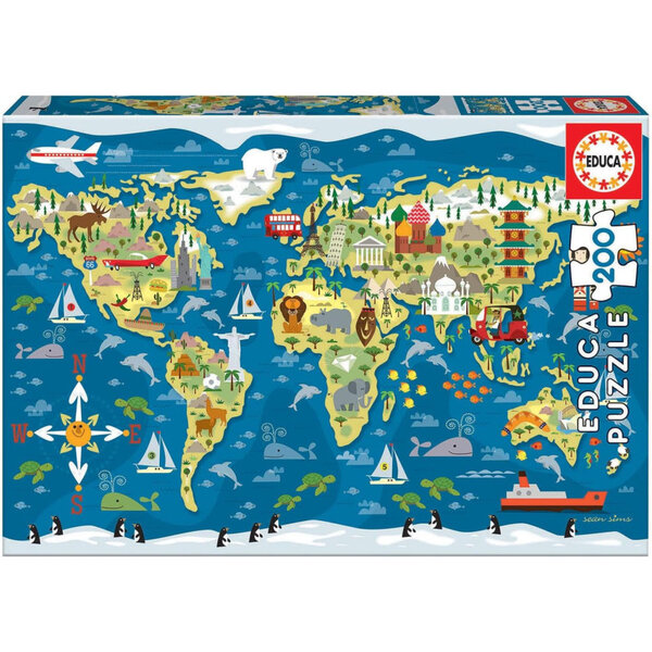 Puzzle - 200 pièces - Carte du monde - 40x28cm - Enfant - Educa