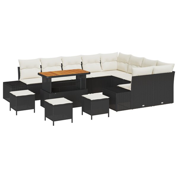 Ensemble de Canapés de Jardin 13 Pièces avec Coussins Noir Poly Rattan Acacia