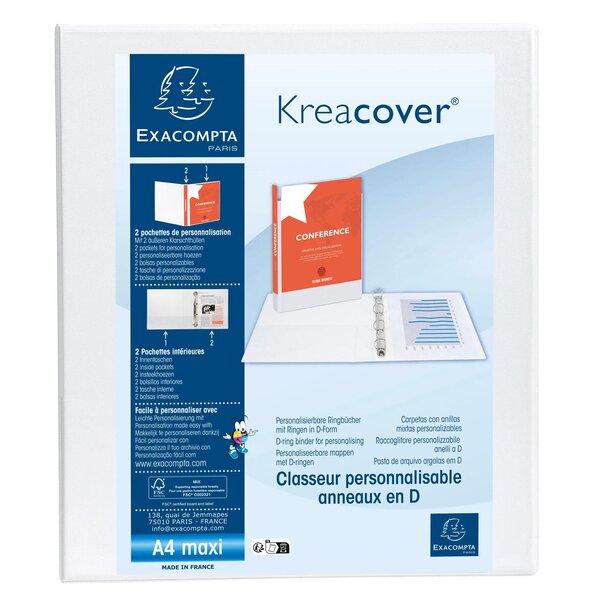 Classeur Pp Personnalisable Kreacover - 2 Anneaux En D 15mm - A4 Maxi - Blanc - X 10 - Exacompta