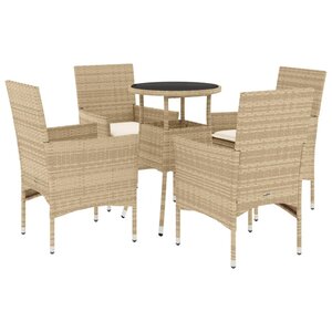 vidaXL Ensemble à manger de jardin et coussins 5 Pièces beige rotin verre