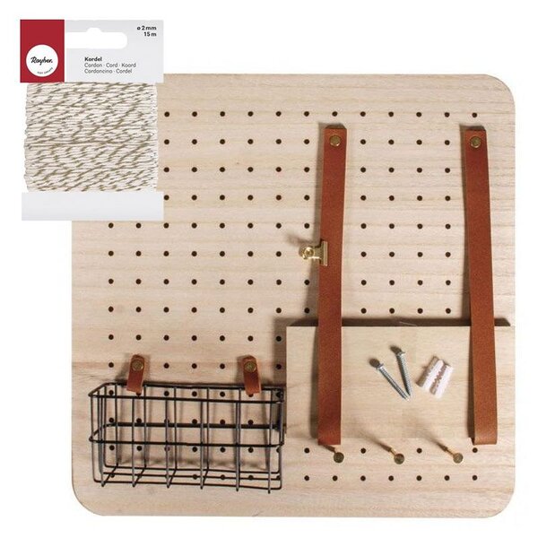 Organiseur mural bois 40 x 40 cm + Ficelle dorée & blanche