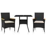 vidaXL Ensemble à manger de jardin et coussins 3 Pièces noir rotin verre