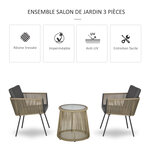 Ensemble salon de jardin 3 pièces style colonial 2 fauteuils avec coussins gris + table basse résine filaire beige