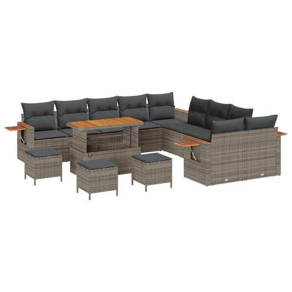 Ensemble de canapés de jardin 14 pièces avec coussins gris poly rattan acacia