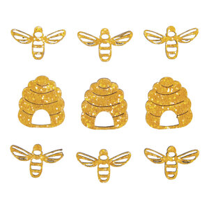 Miniatures en bois Abeilles+ruche  jaune miel  3cm  avec point adhésif  9 pièces
