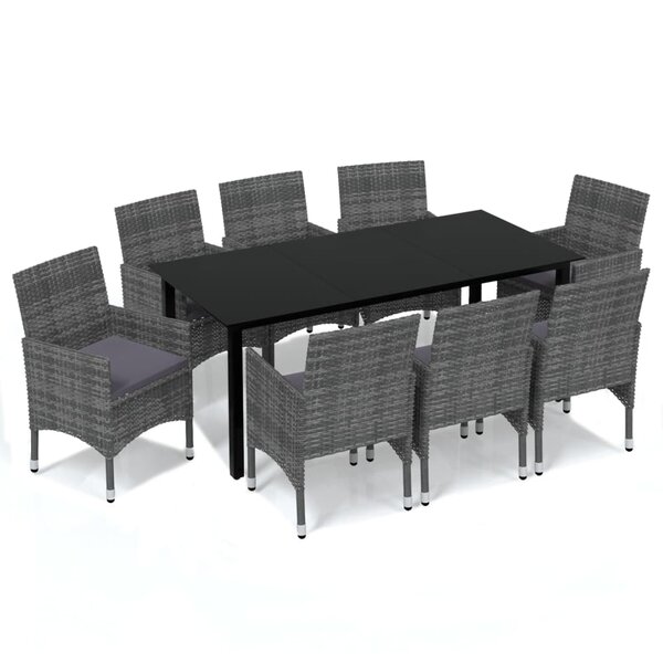 vidaXL Ensemble à manger de jardin et coussins 9 Pièces Poly rotin Gris