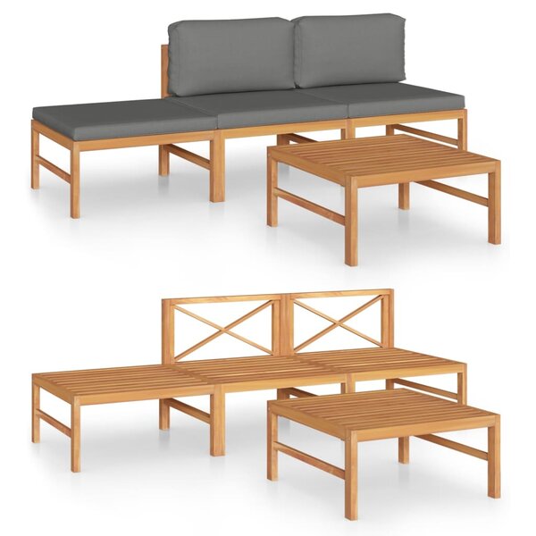 vidaXL Salon de jardin 4 Pièces avec coussins gris Bois de teck solide