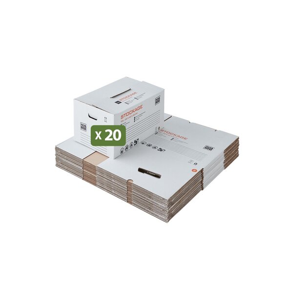 Pack and Move - Lot 20 cartons stockage - 55 x 30 x 30 cm - Poignées renforcées - 1 marqueur offert