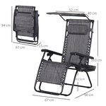 Chaise longue pliable de jardin zéro gravité pare-soleil et dossier réglable plateau porte gobelet accessoires metal textilène gris chiné