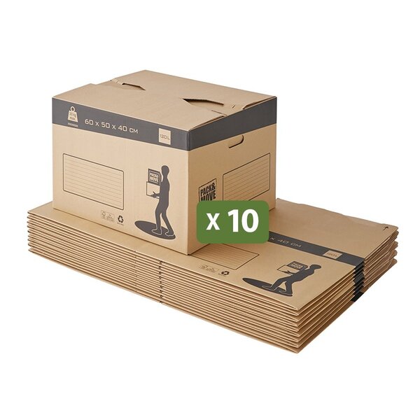 Pack and Move - Lot 10 cartons déménagement automatique - 60 x 50 x 40 cm - Poignées renforcées