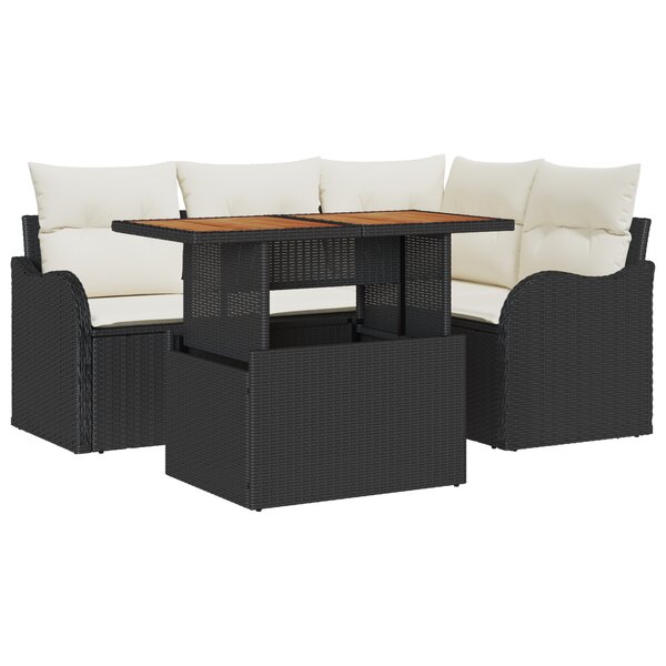 Canapé de jardin 5 pièces avec coussins noir en poly rotin et acacia
