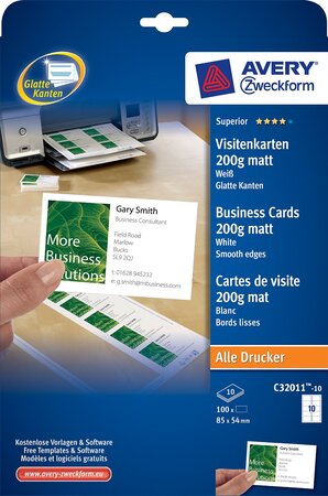 Pack 100 Cartes de visite Quick & Clean 200g 85x54 mm Blanc AVERY ZWECKFORM