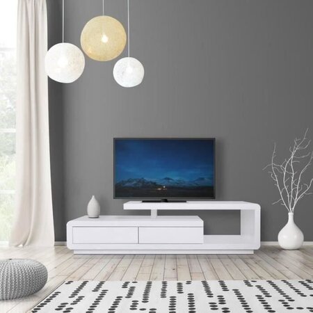 VENASSA Meuble TV - Contemporain - Blanc - L 160 x P 39 x H 45 cm - 2 tiroirs