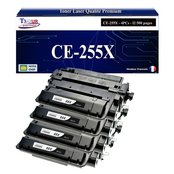 T3AZUR -4x Toners compatibles  avec HP CE255X (55X) pour HP LaserJet Enterprise P3010  P3011  P3015  P3015D  P3015DN  P3015X