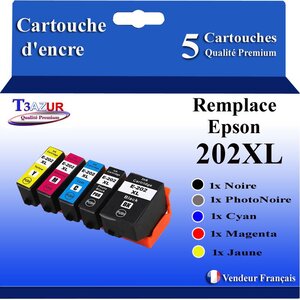T3AZUR- 5 Cartouches Compatibles avec  Epson 202 202XL pour Epson Expression Premium XP6000  XP6005  XP6100  XP6105