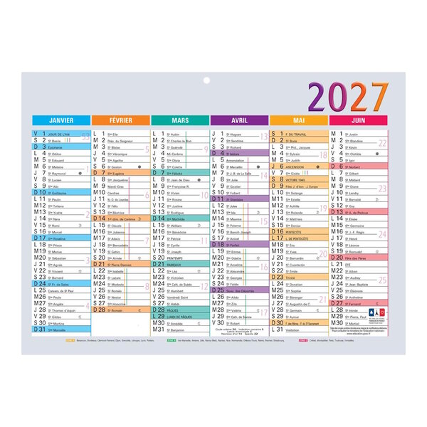 Calendrier Mural 2027 - 22 x 29.5 cm - Multicouleurs