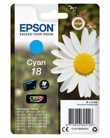 Epson 1-pack cyan 18 claria home ink 18 cartouche dencre cyan capacite standard 3.3ml 180 pages 1-pack rf-am blister