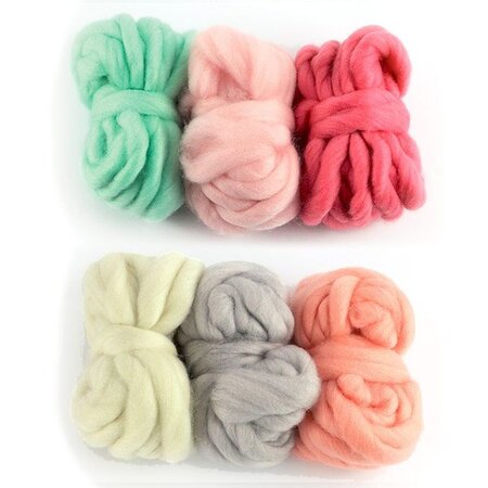 6 pelotes de laine 5 m - blanc cassé  gris pâle  corail  rose indien  rose dragée  menthe