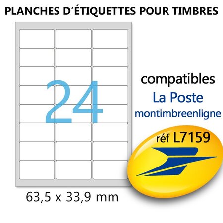 Lot de 100 planches a4 de 24 étiquettes spéciales timbre - 6,35 x 3,39 cm = 2400 étiquettes