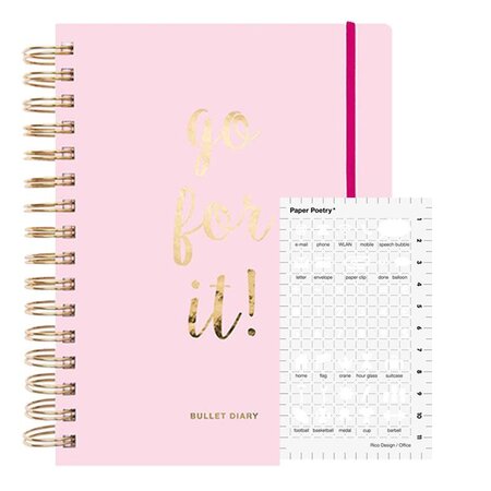 Agenda Bullet journal rose à spirales 96 feuilles + Pochoir icônes bureau