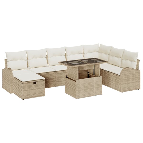 Ensemble 9 pièces canapé jardin avec coussins Crème poly rattan