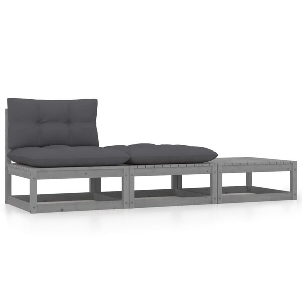 vidaXL Salon de jardin 3 Pièces avec coussins Gris Bois de pin massif