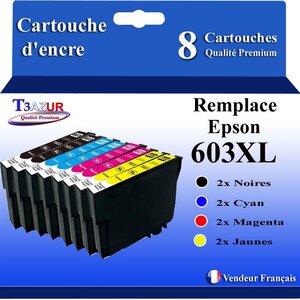 T3AZUR - 8x Cartouches Compatibles avec Epson 603 603XL pour Epson XP-2100 XP-2155 XP-3100 XP-4100 WF-2820 WF-2830 DWF WF-2870 WF-2835 WF-2850