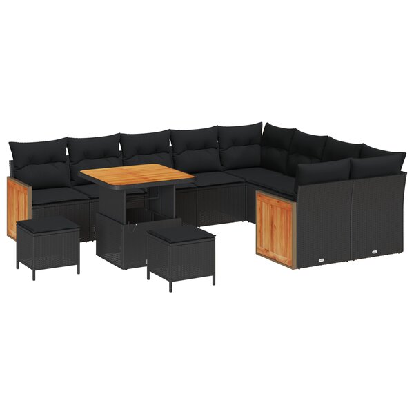Set de Canapé de Jardin 12 Pièces avec Coussins Noir Poly Rattan Acacia