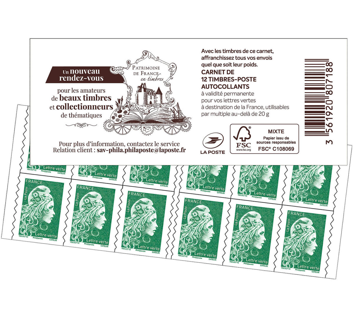Carnet 12 timbres Marianne l'engagée - Lettre Verte - Patrimoine de France  - La Poste
