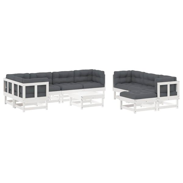vidaXL Salon de jardin 10 Pièces avec coussins blanc bois massif